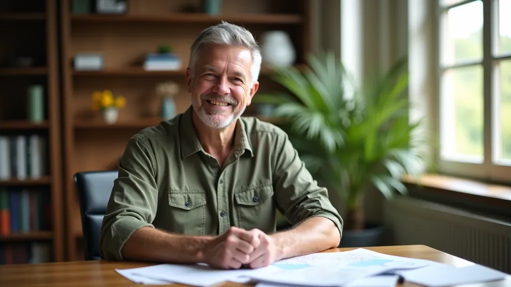 Miloslav Dvořák pracující na svém psacím stole s mapami a terénními poznámkami, moderní kancelář cultivarcoffeeco s.r.o.