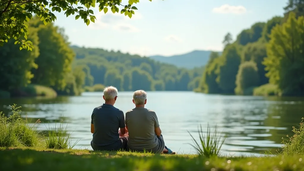 Souprava seniorů sedící na břehu Vltavy, pozorující vodu a krajinu, zářivý letní den