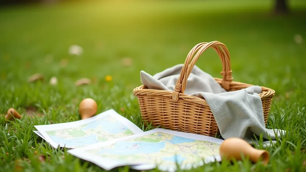 Příprava piknikového koše s jídlem a taškami na trávě, s mapou a dalším vybavením