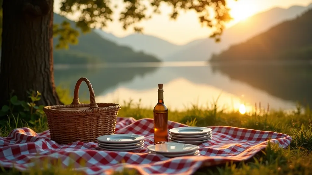 Piknikový koš s talíři, sklenicemi vína a jídlem na zelené trávě u vody