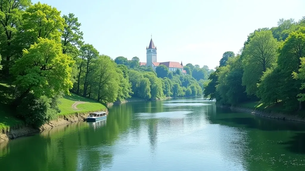 Vltava řeka meandrující mezi zelenými břehy s starobylou věží hradu v dálce