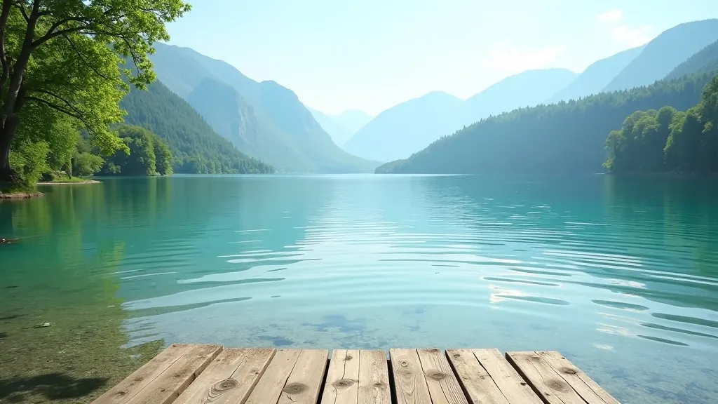 Lipno nad Vltavou s modrou vodou obklopenou zelenými lesy a horami v pozadí, slunečný letní den