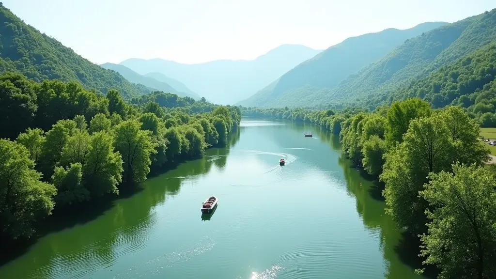 Řeka Vltava meandrující lesnatou krajinou se slunečným odrazem na vodě
